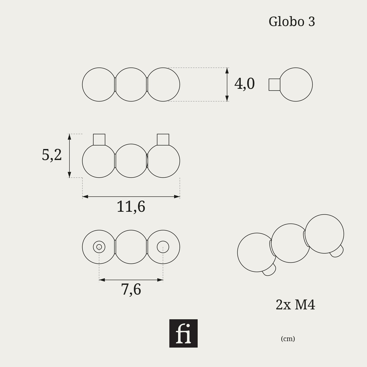 Uchwyt meblowy Globo 3 – wymiary, rysunek techniczny